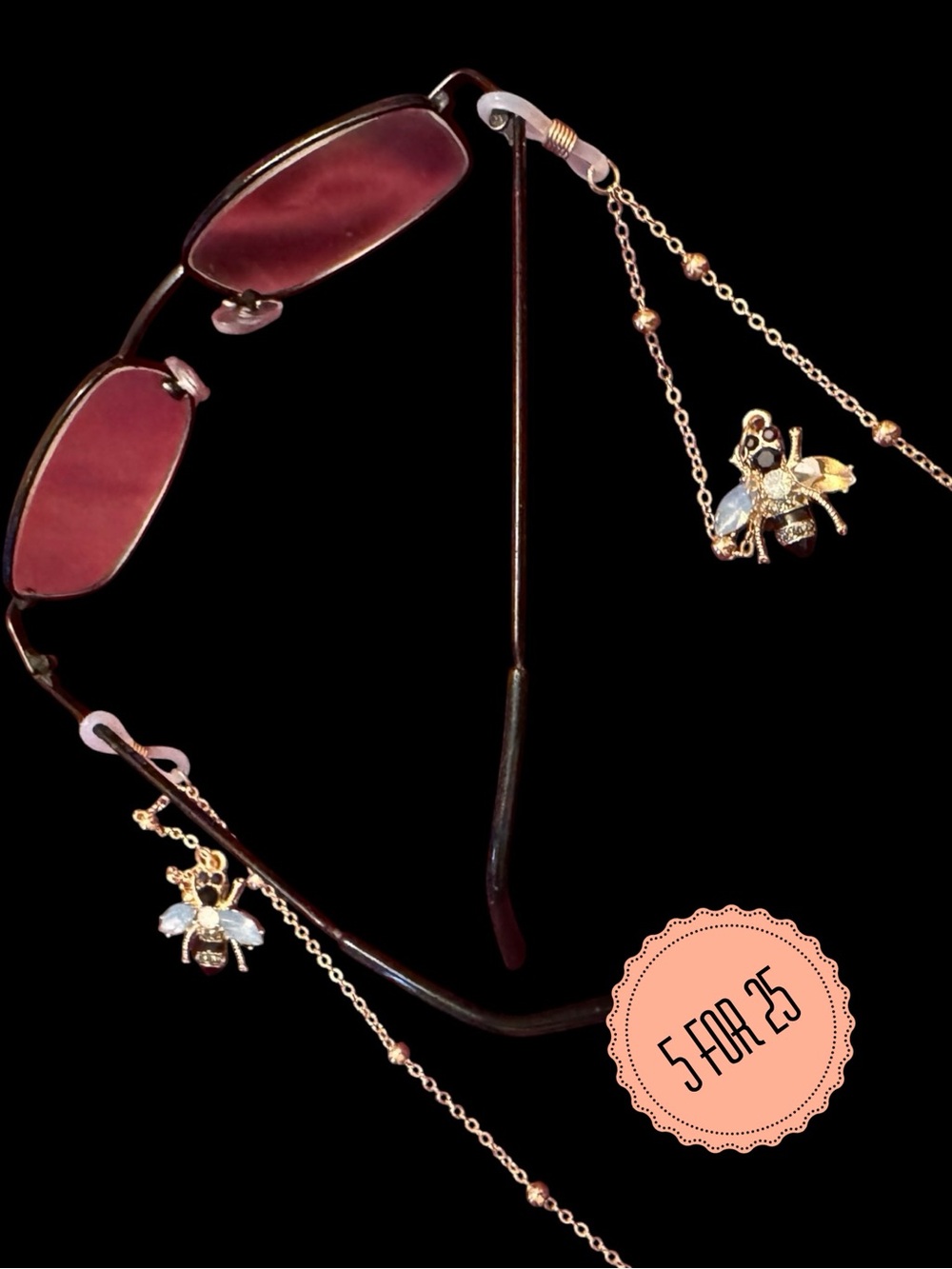 Gold Tone Bee Charm Eyeglass Chain Holder Rhinestone Accent